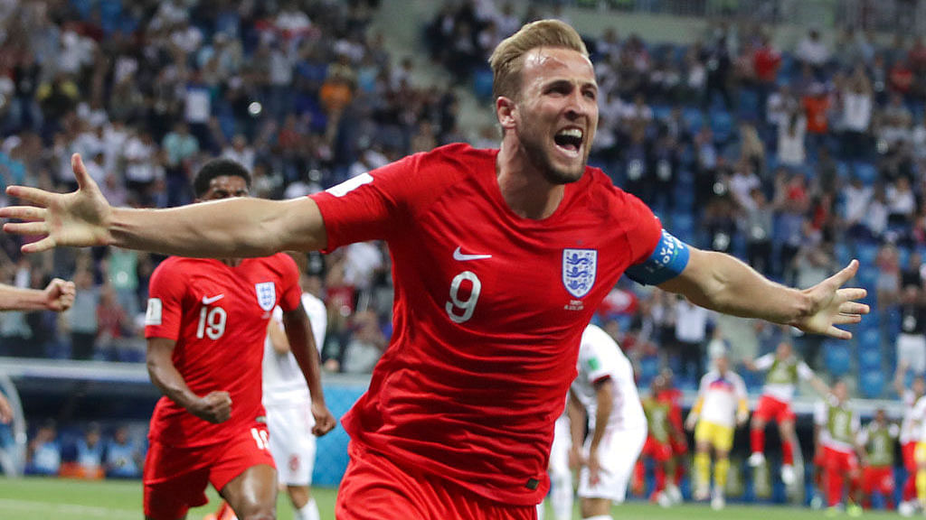 England’s Harry Kane celebrates after scoring a goal against Tunisia.