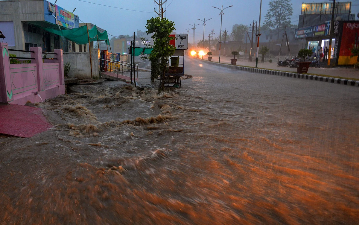 A view of flooded roads during heavy rains, in Dungarpur, Rajasthan on Monday, 25 June.