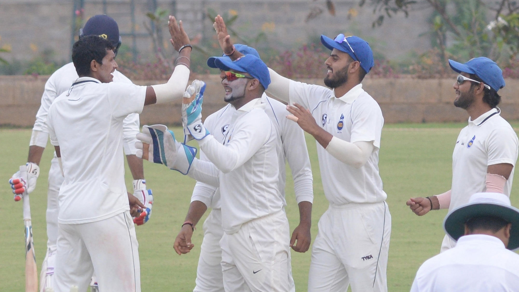 File photo of Navdeep Saini celebrating a wicket with his Delhi teammates.