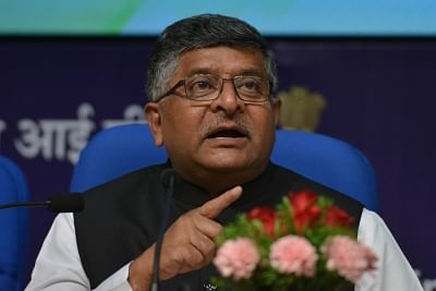 New Delhi: Union Electronics and Information Technology and Law and Justice Minister Ravi Shankar Prasad addresses a press conference on the achievements of the Ministries of Law and Justice and Electronics and IT, during the last four years, in New Delhi on June 18, 2018. (Photo: IANS)