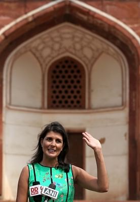 New Delhi: US Ambassador to the UN Nikki Haley talks to the media during her visit to Humayun