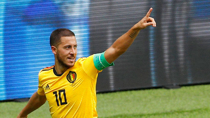 Belgium’s Eden Hazard celebrates after scoring a goal against Tunisia.