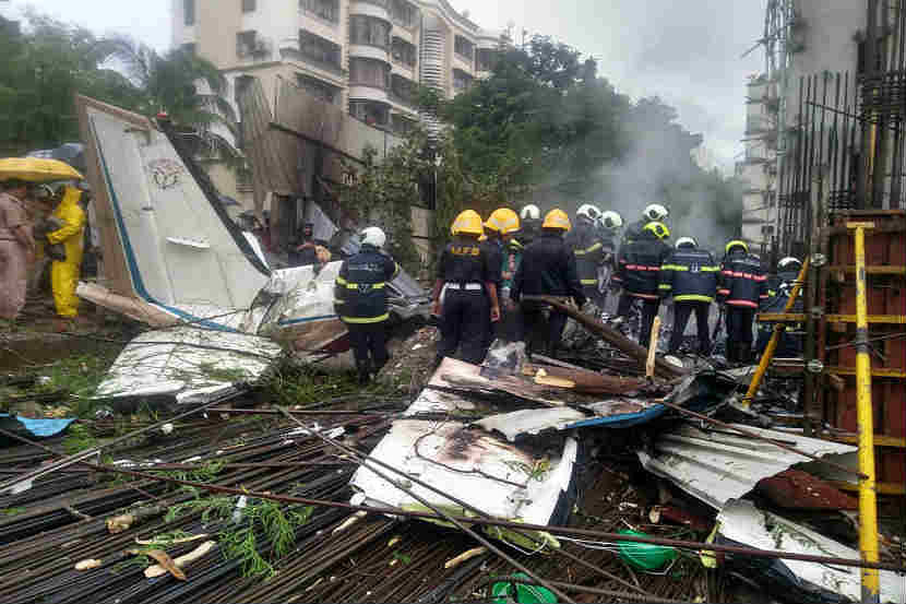 The site where a chartered plane crashed in Mumbai.