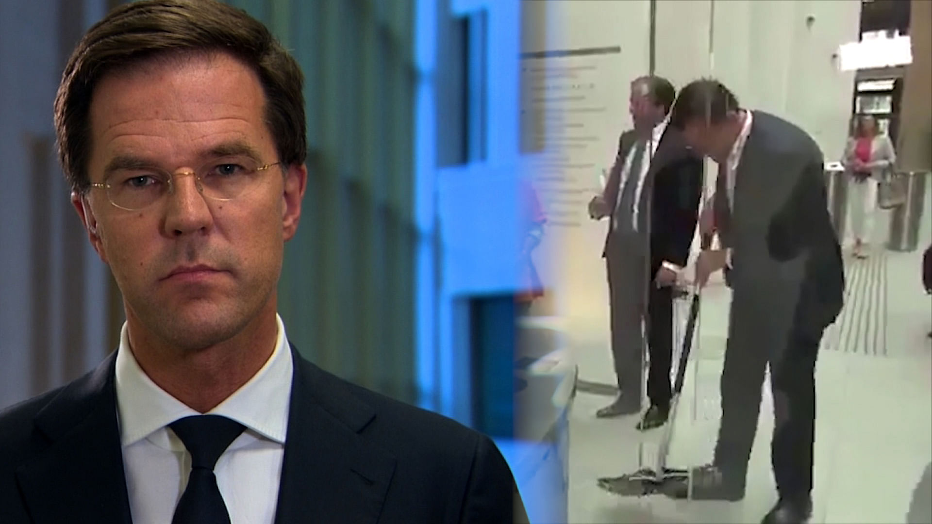 Prime Minister of The Netherlands Mark Rutte spilt coffee in a lobby of Dutch Parliament building.
