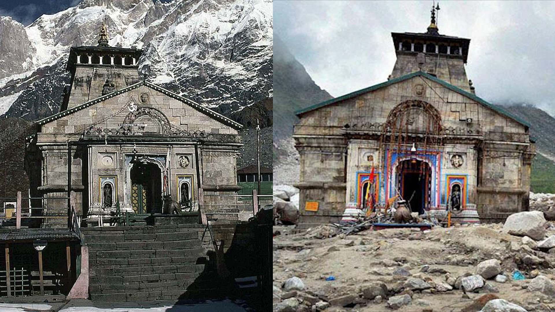 The Kedarnath shrine, before (left) and after (right) the 2013 flash floods.&nbsp;