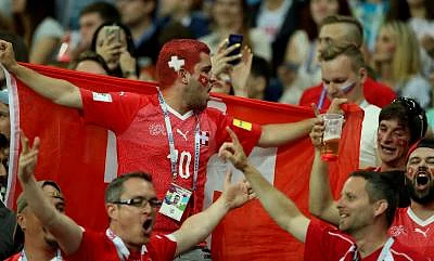 NIZHNY NOVGOROD, June 27, 2018 (Xinhua) -- Fans of Switzerland cheer after the 2018 FIFA World Cup Group E match between Switzerland and Costa Rica in Nizhny Novgorod, Russia, June 27, 2018. The match ended in a 2-2 draw. Switzerland advanced to the round of 16. (Xinhua/Fei Maohua/IANS)