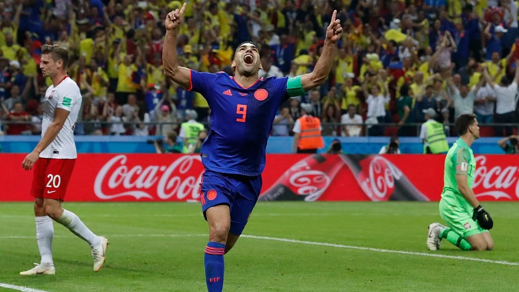 Colombia’s Radamel Falcao celebrates after scoring their second goal against Poland at the Kazan Arena on Sunday.