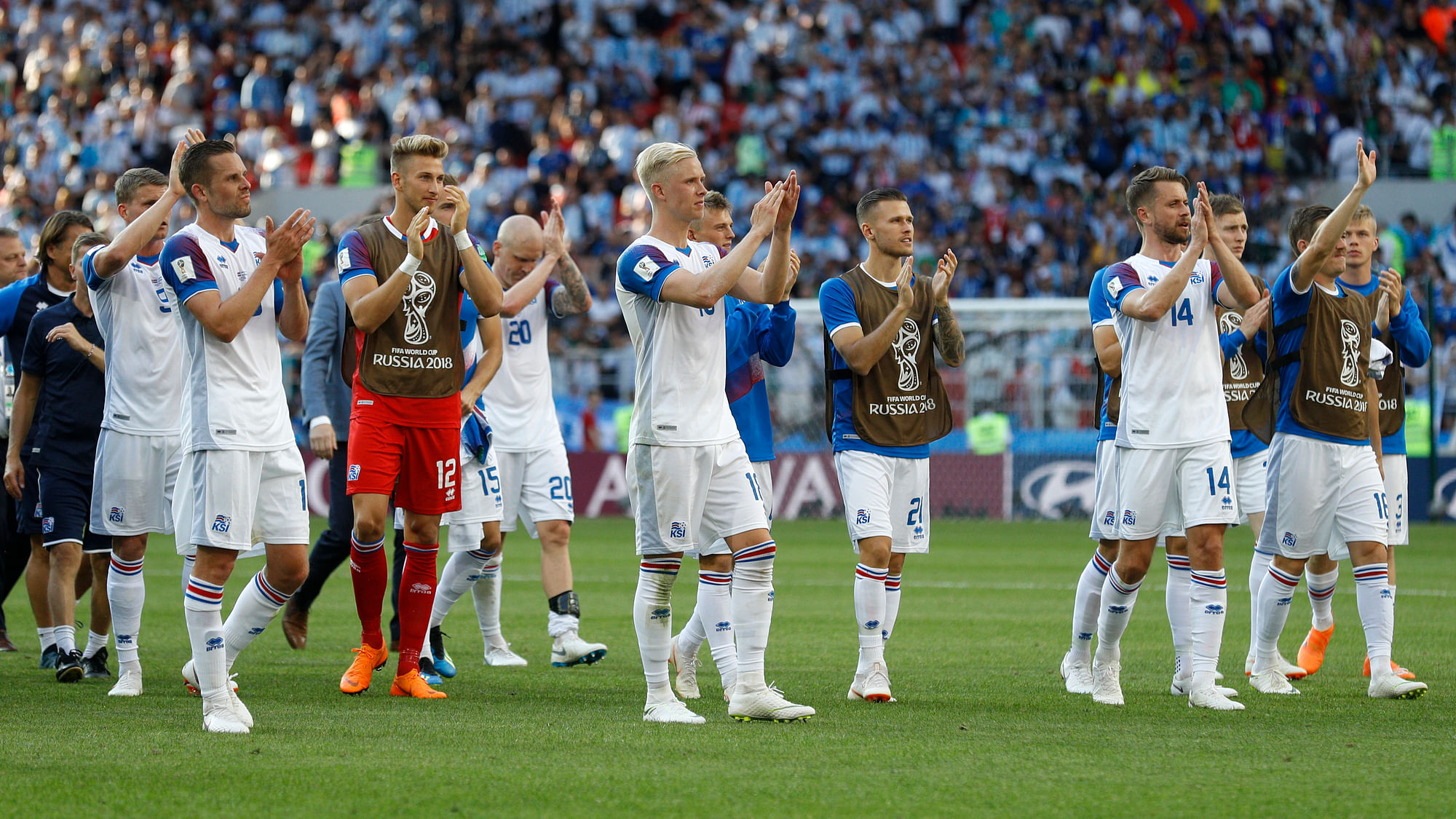 Iceland players applaud after their 1-1 draw against Argentina at the 2018 FIFA World Cup in the Spartak Stadium in Moscow, Russia, Saturday, June 16, 2018.