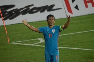 Indian captain Sunil Chhetri celebrates after scoring a goal during an Intercontinental Cup match between India and Kenya at Andheri Sport Complex in Mumbai on June 10, 2018. (Photo: IANS)