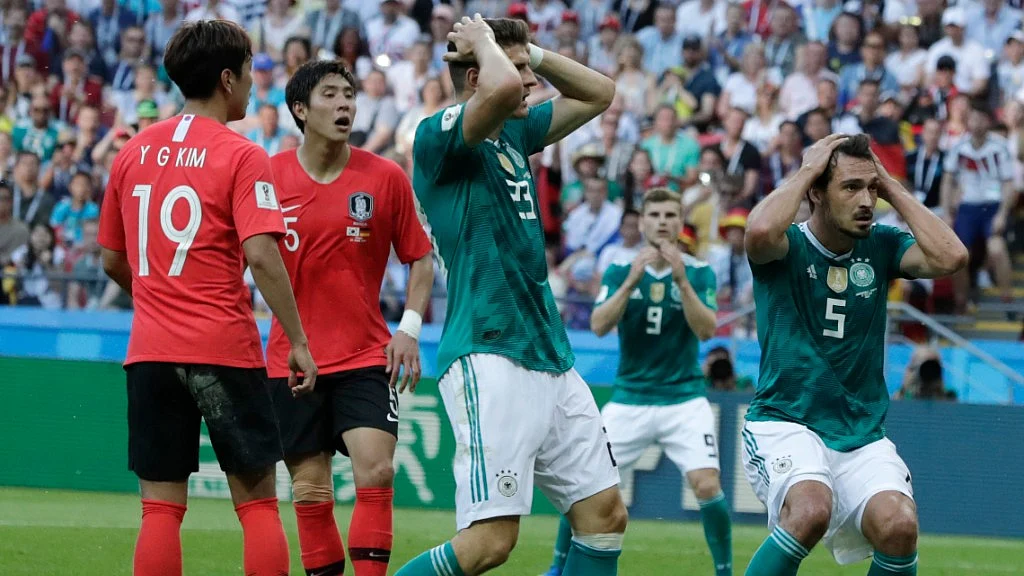 Germany’s Mario Gomez (centre) and Mats Hummels hold their heads after failing to score during their Group F match against South Korea at the Kazan Arena on Wednesday.