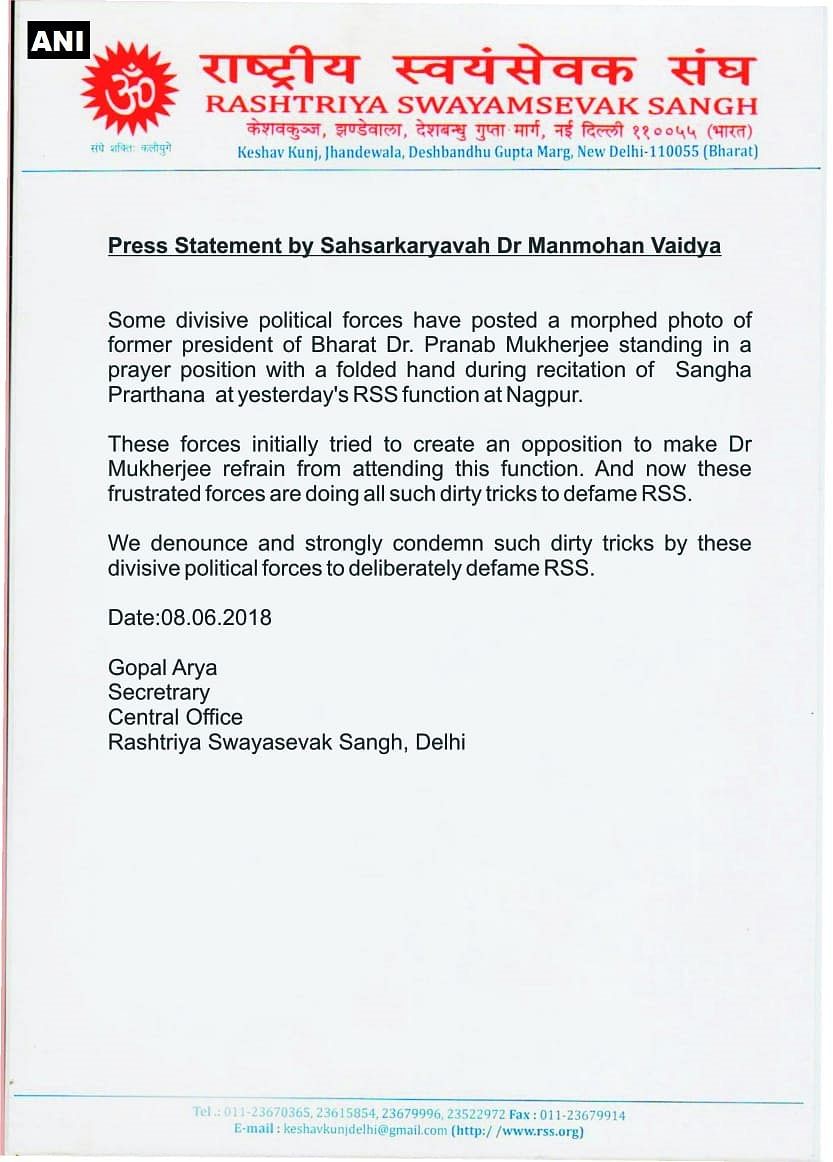 RSS blamed “divisive politics” for circulating a false photo of  Mukherjee doing a salutation associated with it.