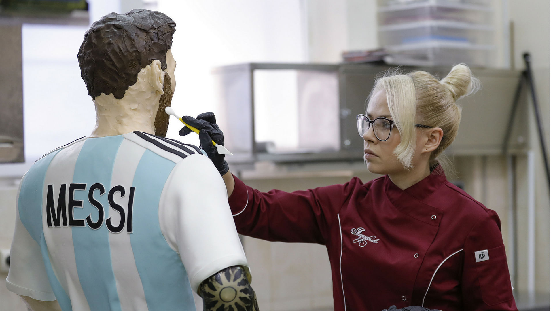 A life-size chocolate sculpture of Lionel Messi