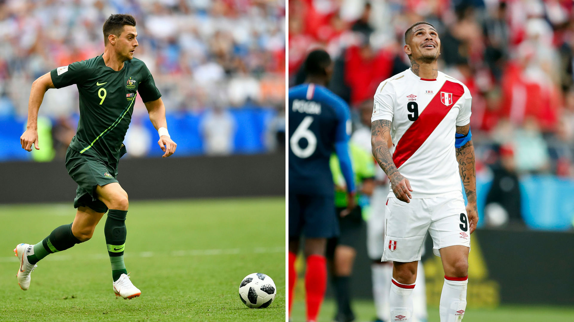 Australia’s Juric (left) will be looking to secure his country a knockout berth. Peru is already eliminated but captain Paulo Guerrero will want a win for the fans