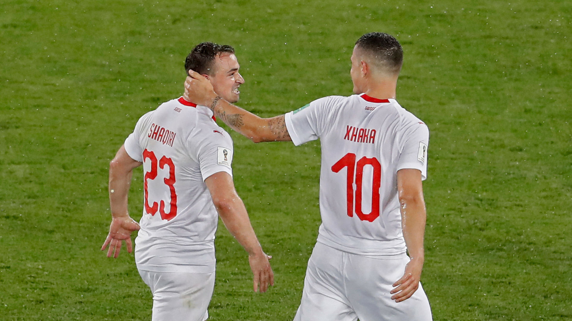 Switzerland’s Xherdan Shaqiri and Granit Xhaka, celebrate at the end of the group E match between Switzerland and Serbia at the 2018 FIFA World Cup.