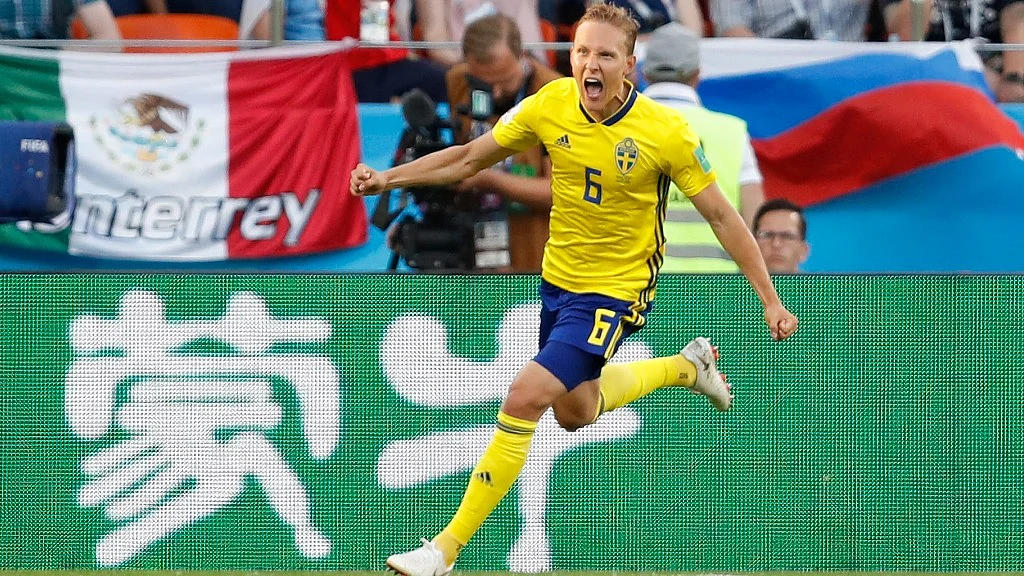 Sweden’s Ludwig Augustinsson celebrates after scoring his side’s first goal during their Group F match against Mexico at the Yekaterinburg Arena on Wednesday.