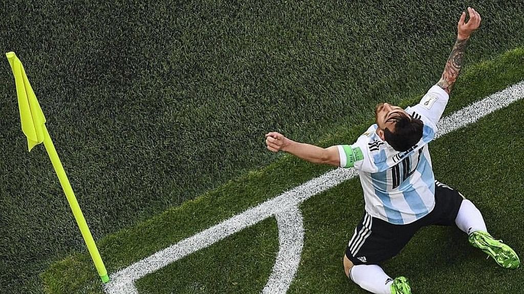 Argentina’s Lionel Messi after scoring the opening goal against Nigeria in their last Group D match&nbsp;