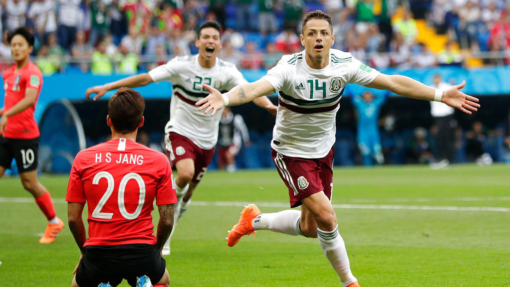 Mexico’s Javier Hernandez celebrates after scoring his side’s second goal against South Korea.
