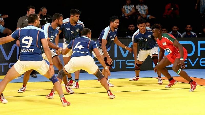 Indian team in action against Kenya in their last Group A match of the Kabaddi Masters in Dubai on Tuesday.