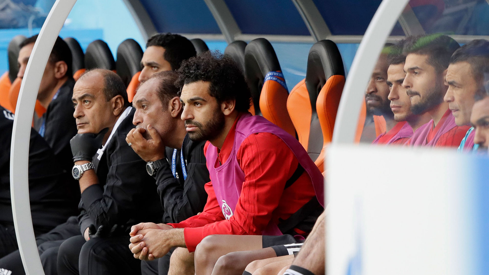 Egypt’s Mohamed Salah (Centre), watches his team during the group A match between Egypt and Uruguay.