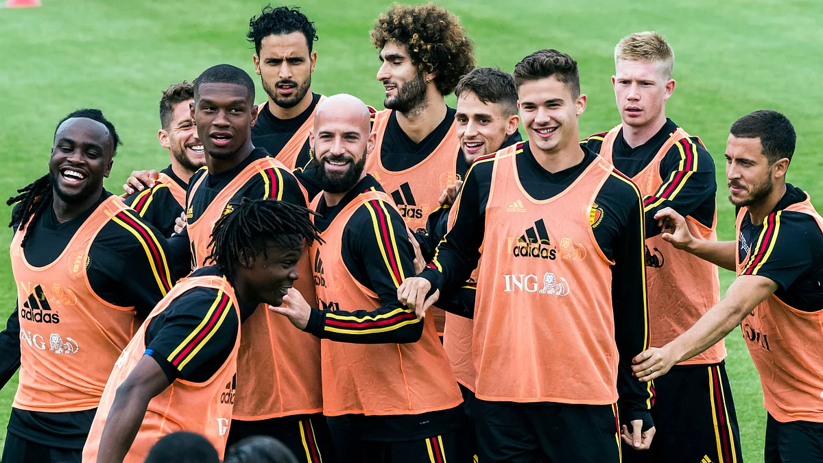 Belgium players warm up during a training session.