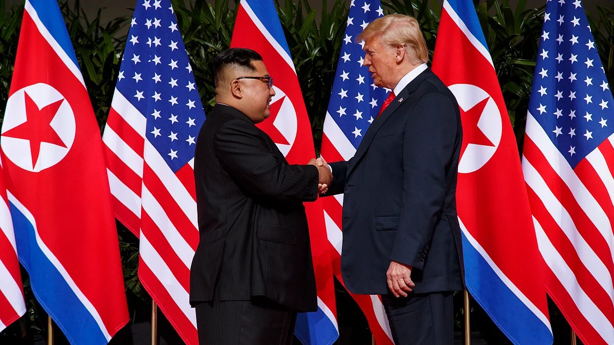 President Donald Trump meets with North Korean leader Kim Jong Un on Sentosa Island in Singapore.