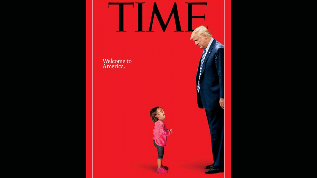 The magazine cover for the 2 July edition features US President Donald Trump looking down on a crying immigrant child.