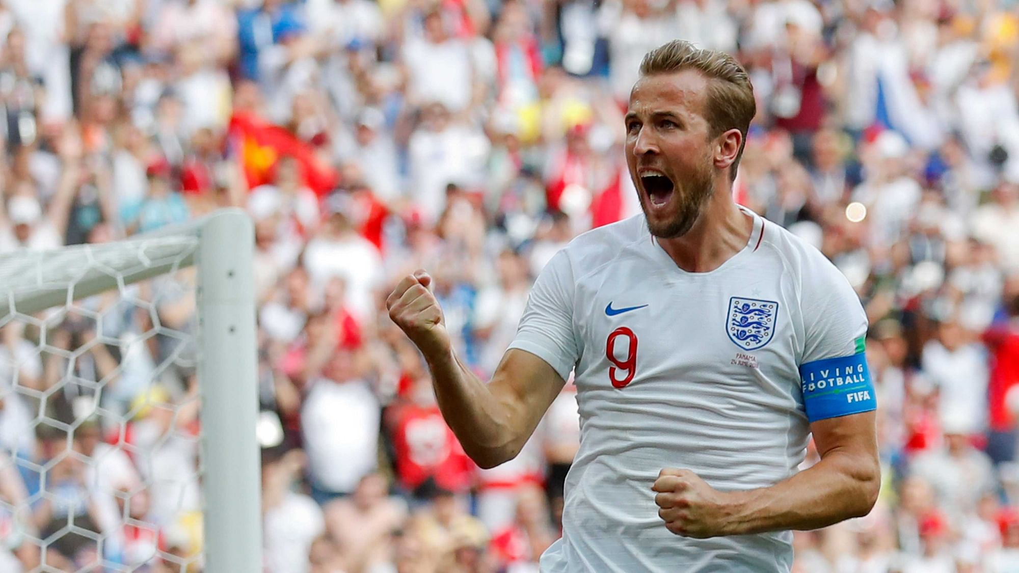 England’s Harry Kane celebrates after he scored his side’s second goal during the group G match between England and Panama at the 2018 soccer World Cup at the Nizhny Novgorod Stadium in Nizhny Novgorod , Russia, Sunday, June 24, 2018.&nbsp;