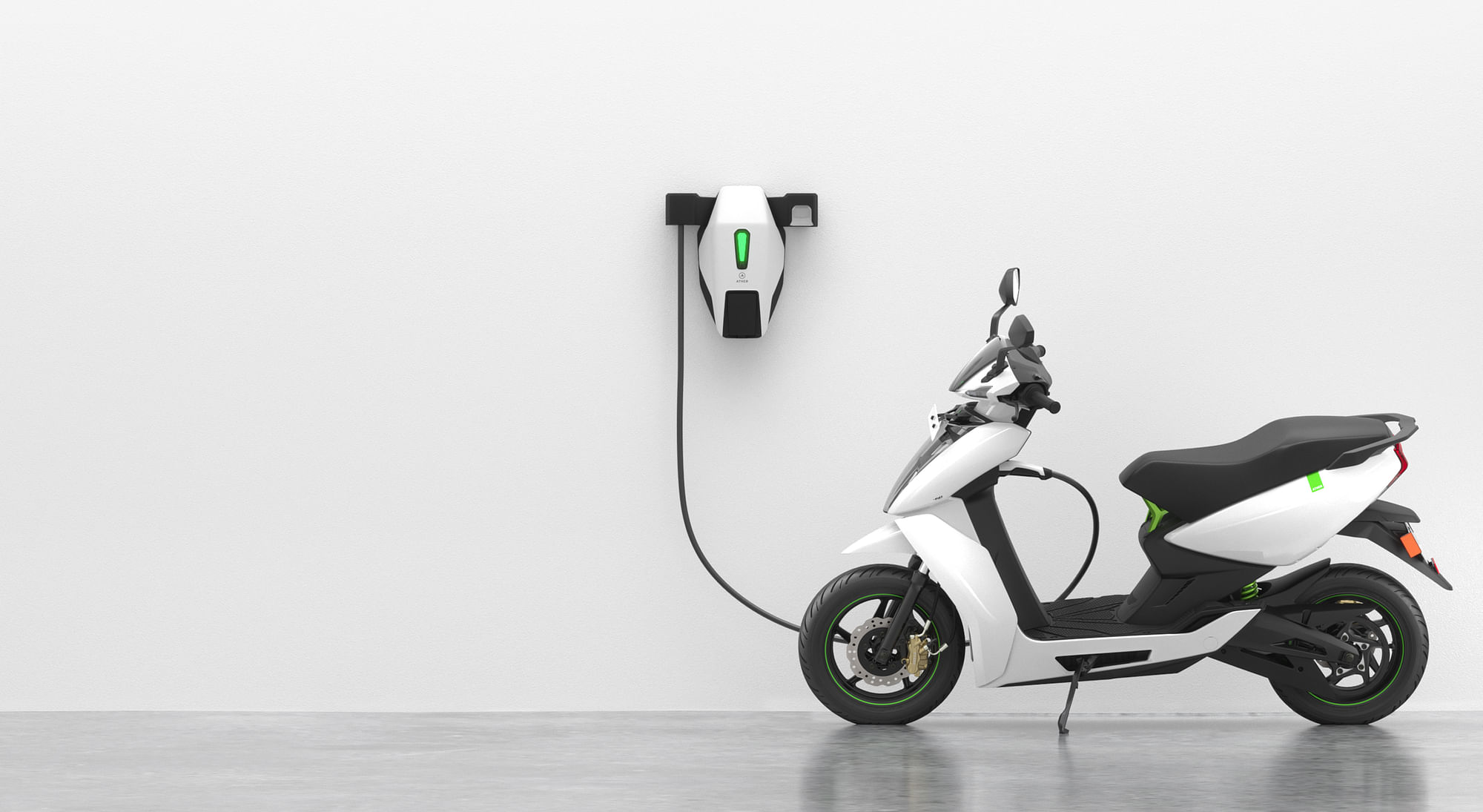 The Ather 450 electric scooter getting charged.&nbsp;
