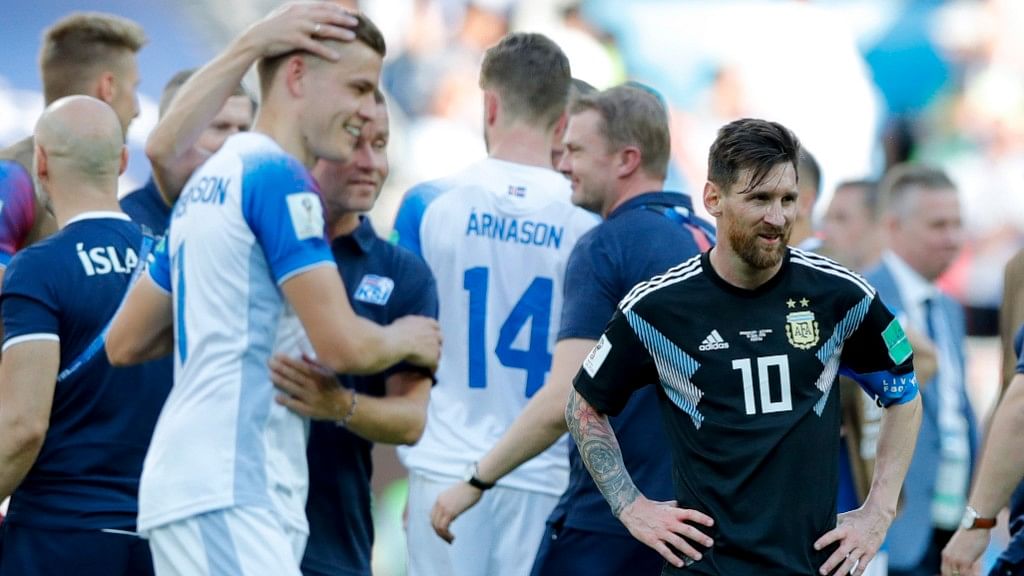 Argentina’s Lionel Messi (right) stands near the Iceland players at the end of the group D match at the Spartak Stadium in Moscow on Saturday.