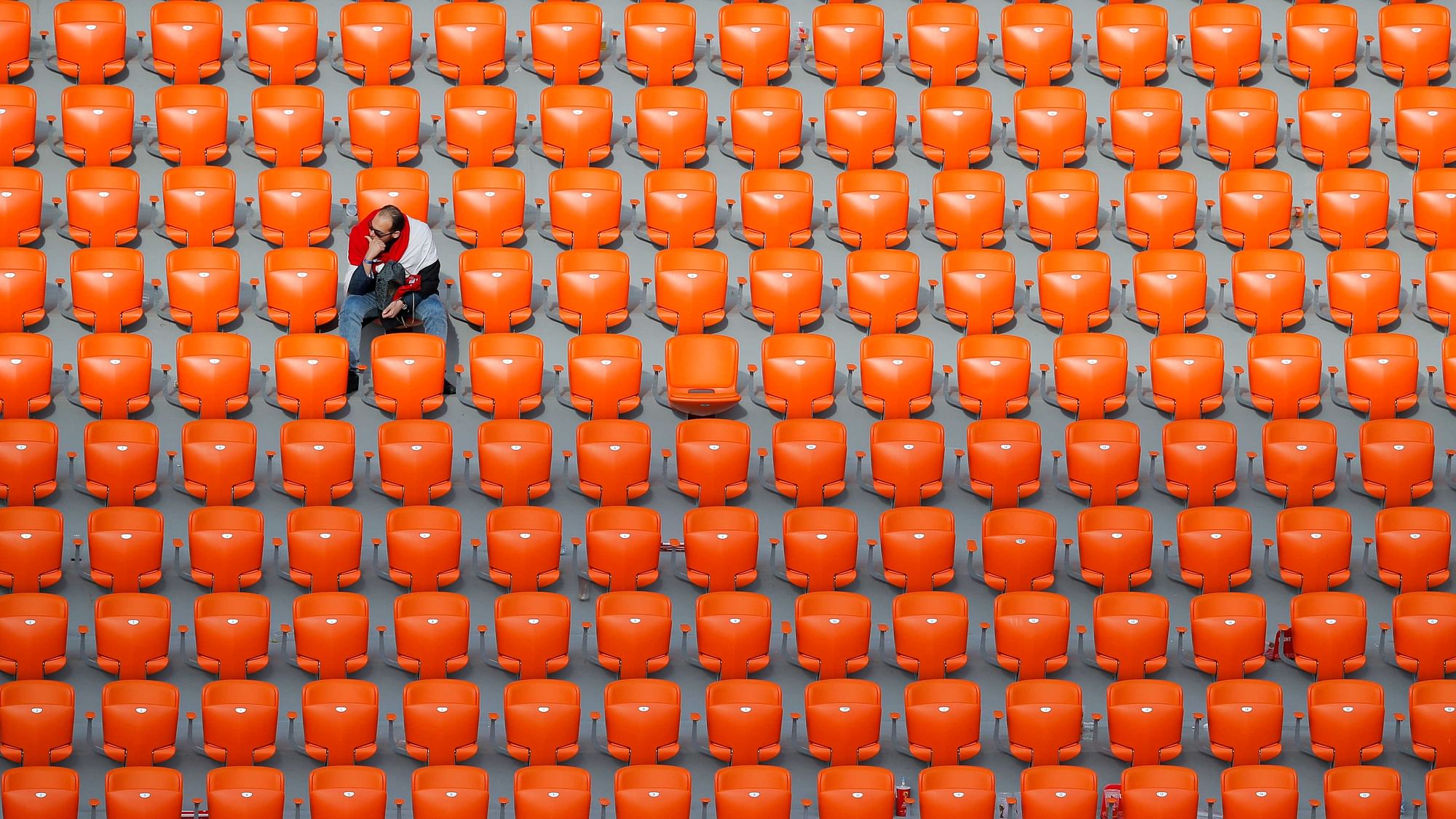 A fan in the stands at the end of the group A match between Egypt and Uruguay at the 2018 World Cup.