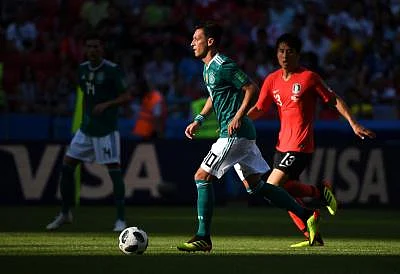 KAZAN, June 27, 2018 (Xinhua) -- Mesut Oezil (L) of Germany competes during the 2018 FIFA World Cup Group F match between Germany and South Korea in Kazan, Russia, June 27, 2018. (Xinhua/Li Ga/IANS)