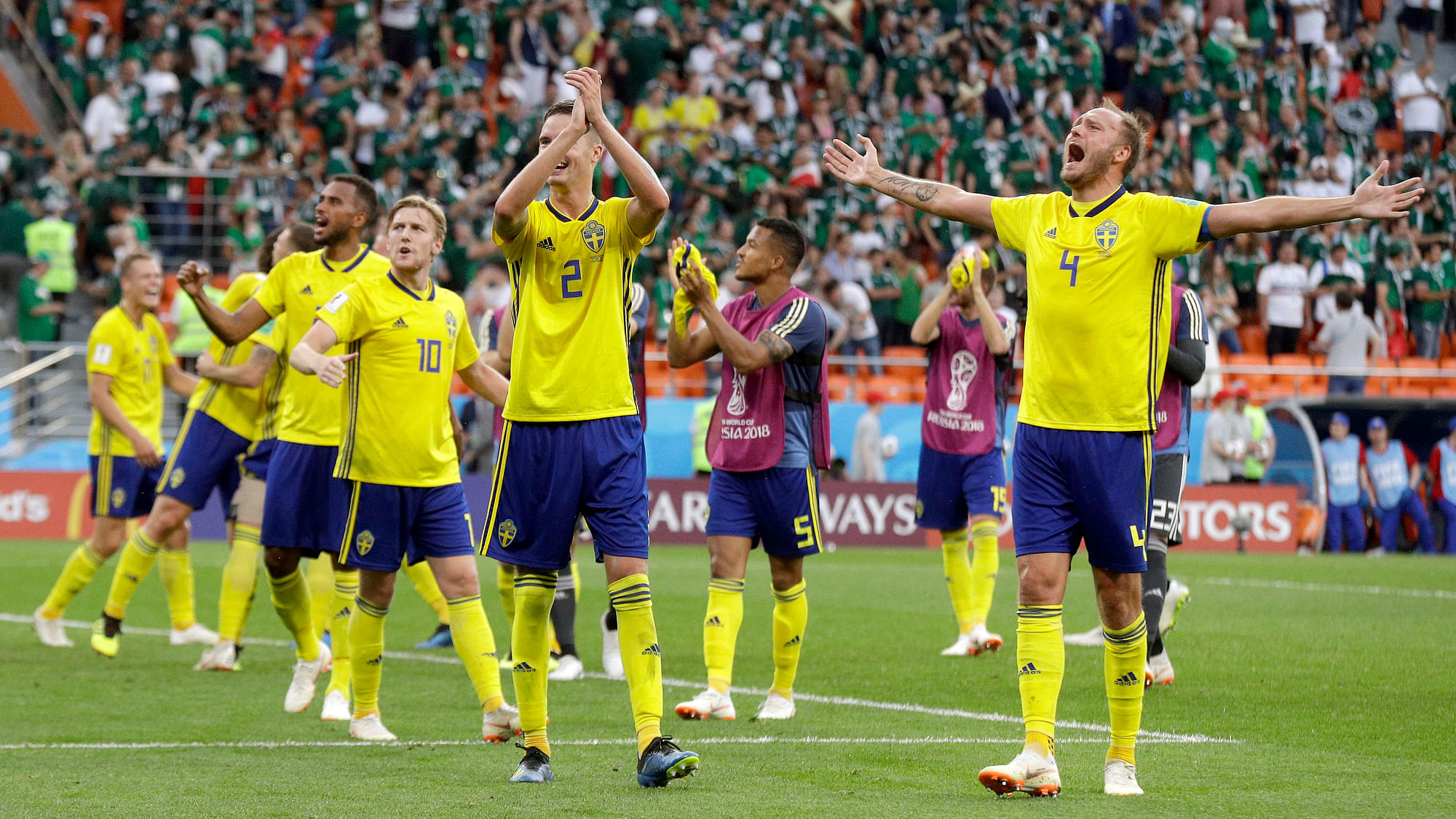 Sweden’s Andreas Granqvist (right) and his teammates celebrate after winning their Group F match against Mexico at the Yekaterinburg Arena on Wednesday.