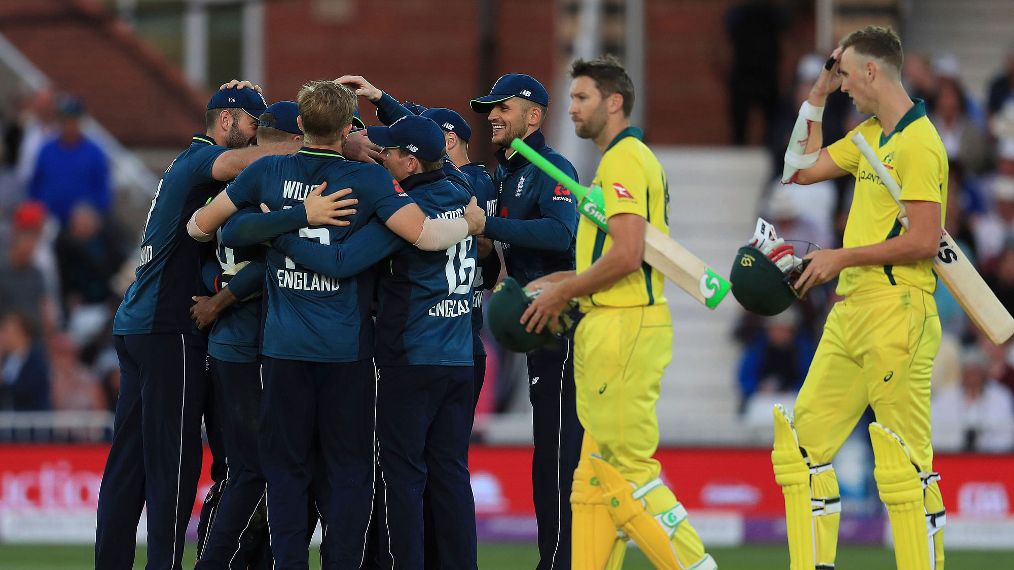 England players celebrate victory after the final wicket  during the One Day International match at Trent Bridge, Nottingham.