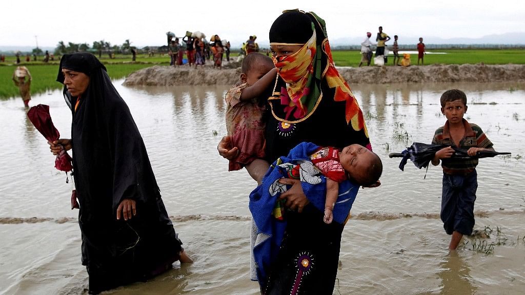 A Rohingya refugee woman carry children while walking in the water after travelling over the Bangladesh-Myanmar border in Teknaf, Bangladesh. Image used for representation.