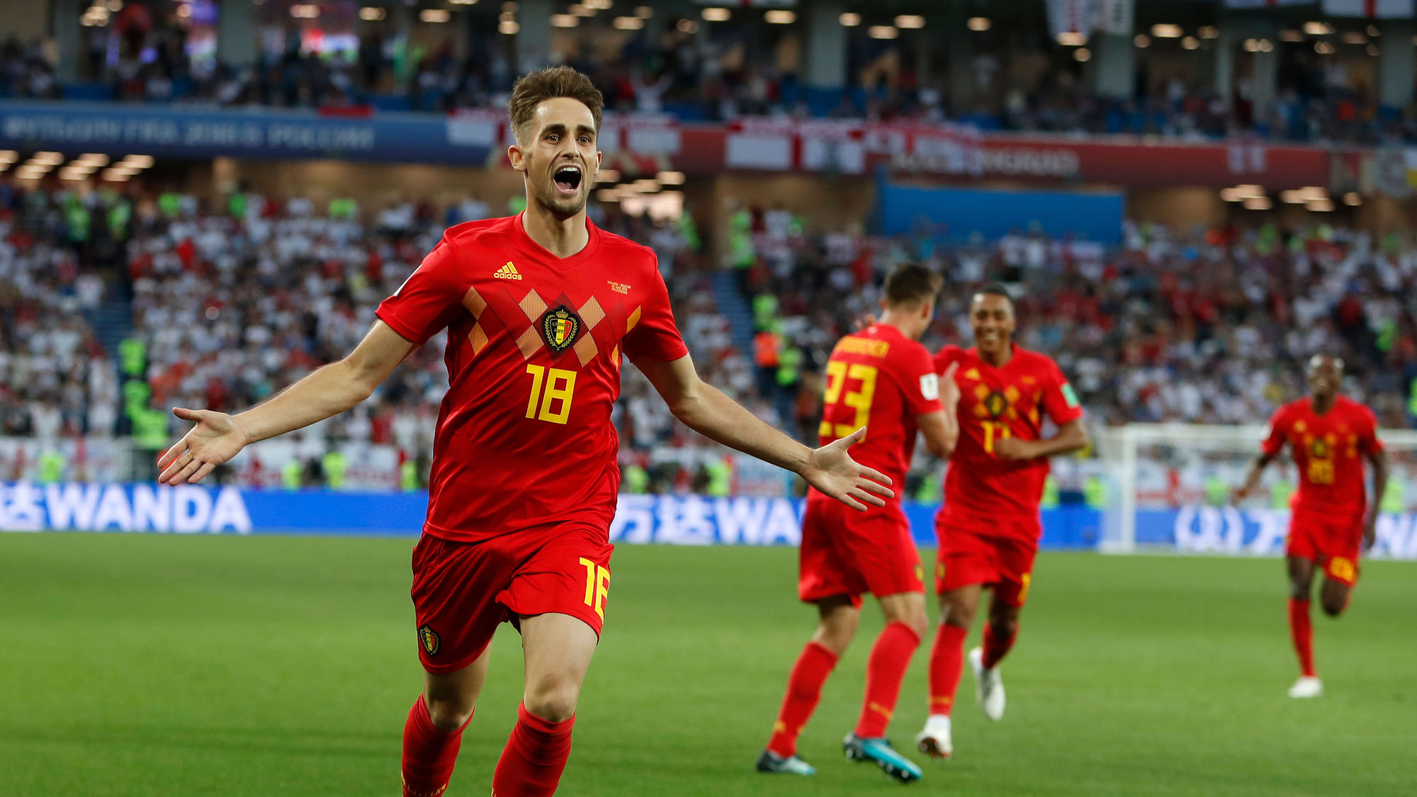 Belgium’s Adnan Januzaj celebrates after scoring the opening goal during the group G match between England and Belgium.