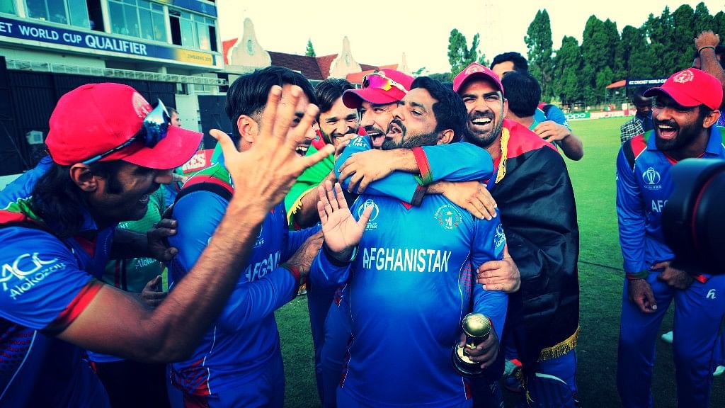 Afghanistan players celebrate after beating Ireland to qualify for the 2019 Cricket World Cup.
