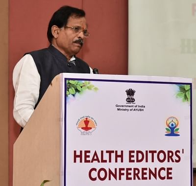 New Delhi: Union MoS AYUSH Shripad Yesso Naik addresses during National Health Editors