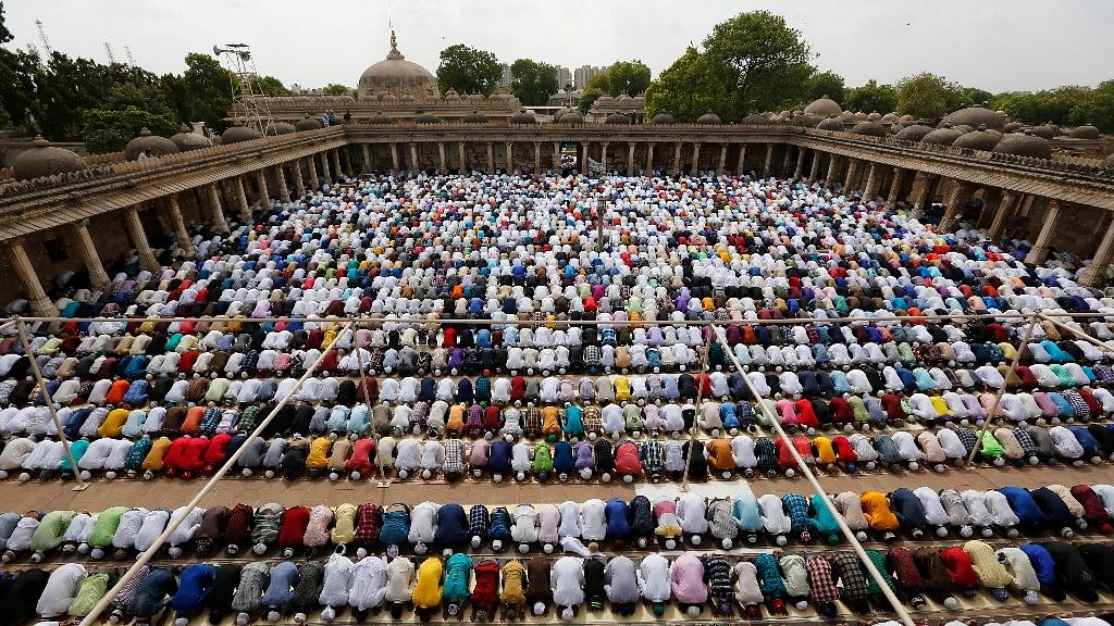 Indian Muslims offer Eid al-Fitr prayers at the Sarkhej Roza in Ahmadabad.&nbsp;