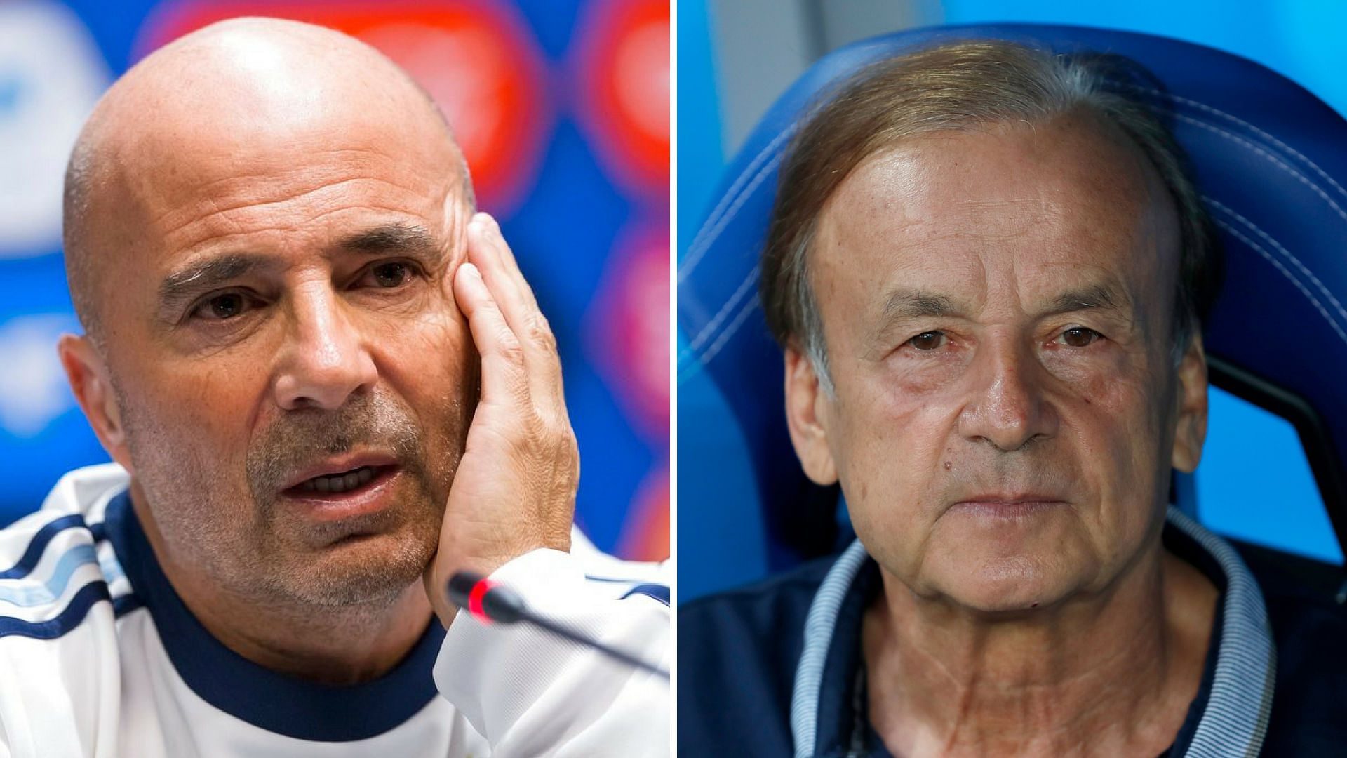 Embattled coach Jorge Sampaoli (left) is likely to make sweeping tactical adjustments to facilitate Argentine talisman Lionel Messi against Gernot Rohr’s (right) Nigeria.