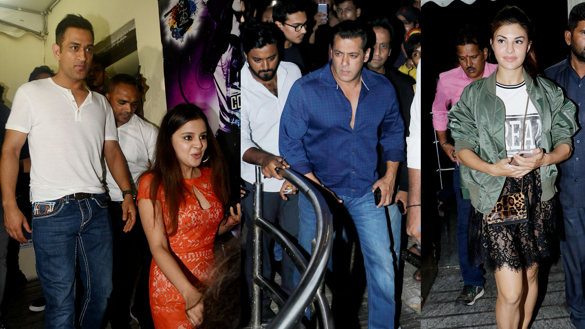 MS Dhoni with wife Sakshi, Salman Khan and Jacqueline Fernandez at the special screening of <i>Race 3.&nbsp;</i>