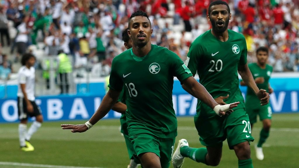 Saudi Arabia’s Salem Aldawsari celebrates after scoring his side’s second goal during their Group A match against Egypt at the Volgograd Arena on Monday.