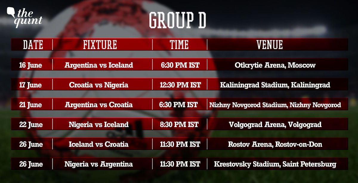 Argentina and Iceland will begin the proceedings in Group D on June 16 at the Otkrytie Arena in Moscow.