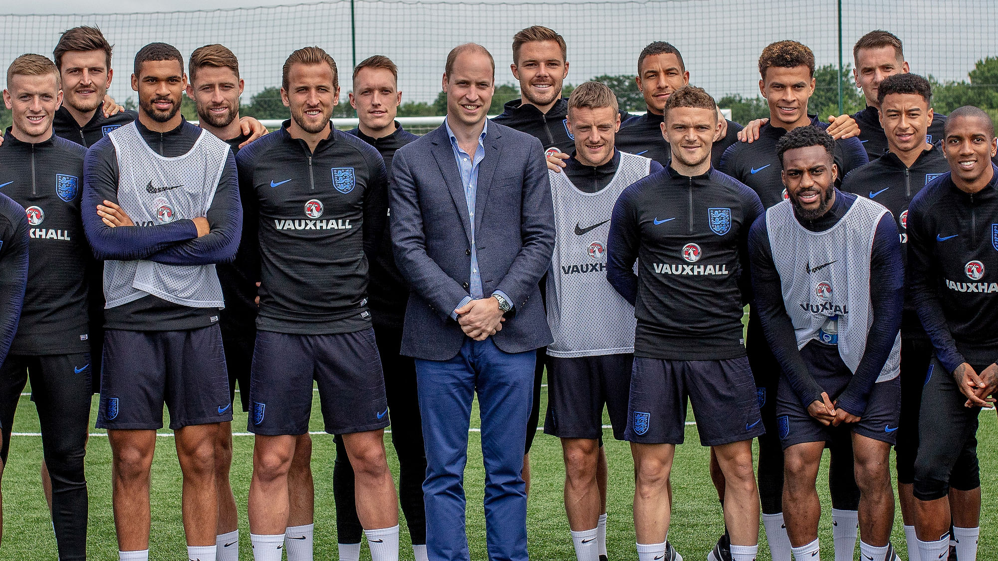 The English football team with Prince William during a training session in England ahead of the 2018 FIFA World Cup.