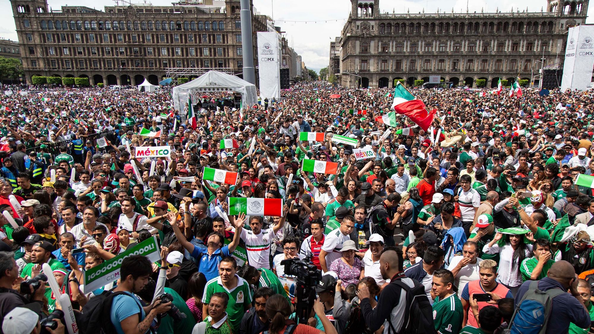 Fan’s celebrate Mexico’s win during the Mexico vs Germany World Cup zocalo viewing Mexico City, Sunday, June 17, 2018. Mexico won it’s first match against Germany 1-0.&nbsp;