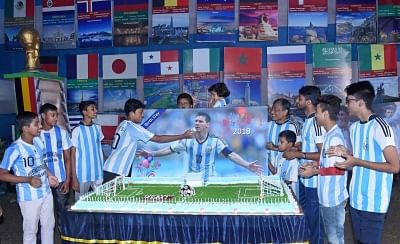 Kolkata: Young fans celebrate the birthday of Argentine footballer Lionel Messi at Argentina Football Fan Club, in Kolkata on June 24, 2018. (Photo: IANS)