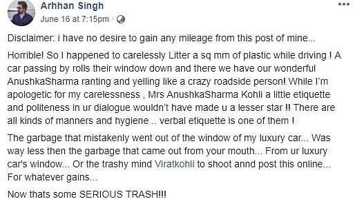The 17 second clip, posted by  Virat Kohli, records the actor scolding the man in a sedan for littering the streets.