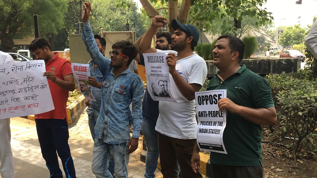 Citizens gathered at Jantar Mantar, New Delhi to protest the arrest of five human rights activists.