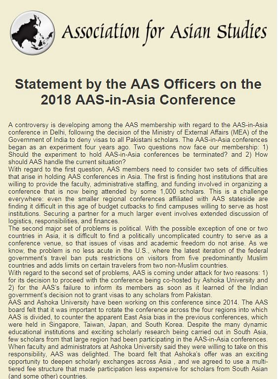 The AAS-in-Asia conference, co-organised with Ashoka university is scheduled to take place from 5-8 July in Delhi.