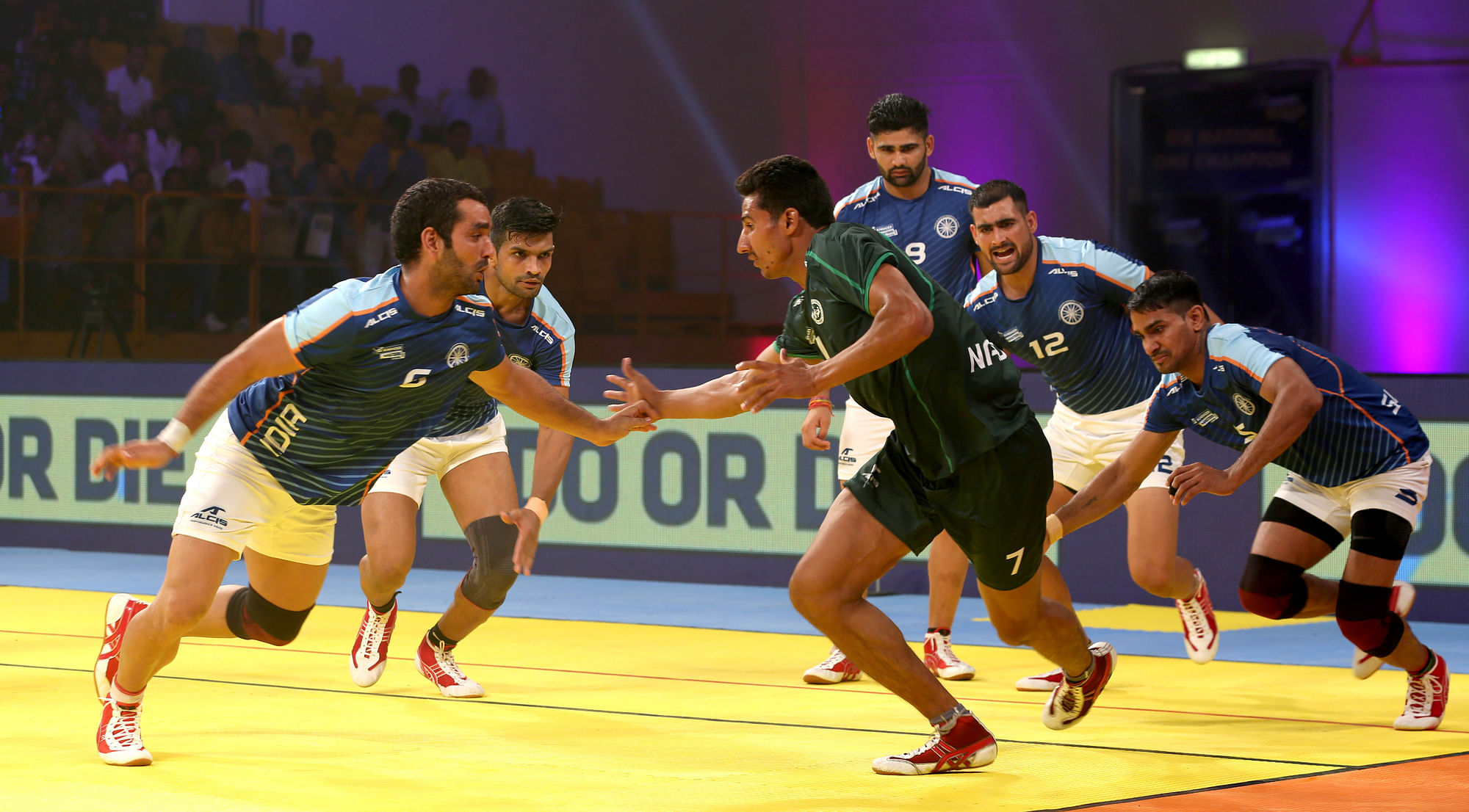 Indian team in action against Pakistan at the packed&nbsp;Al-Wasl Sports Complex.