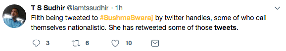 In a sarcastic tweet, Swaraj said that she was honoured to receive the comments and has ‘liked’ them for all to see.